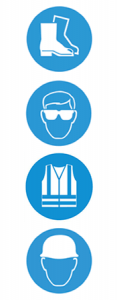 Health and Safety icons - Safety boots, Eye protection, Hi-vis jacket, Hard hat